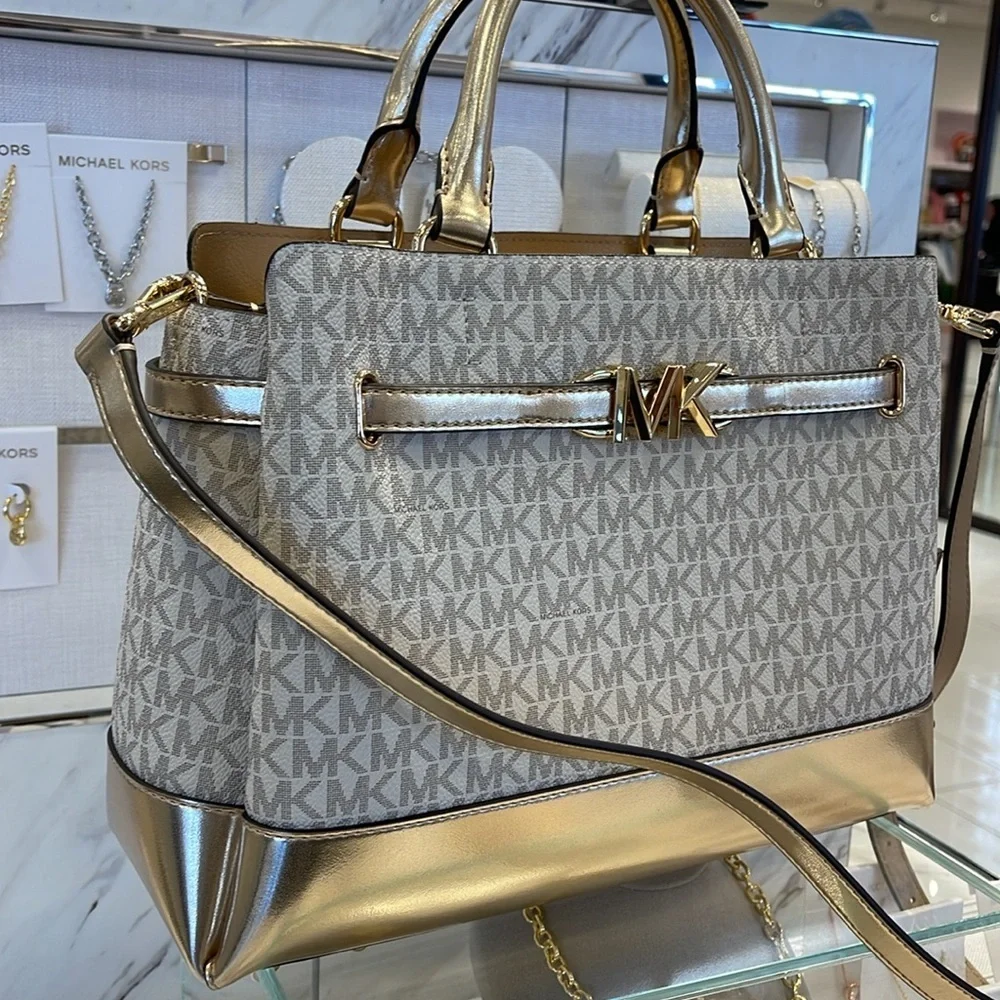 MICHAEL KORS  Reed Large Central Zip Graphic Logo Belted Satchel Pale Gold  NWT